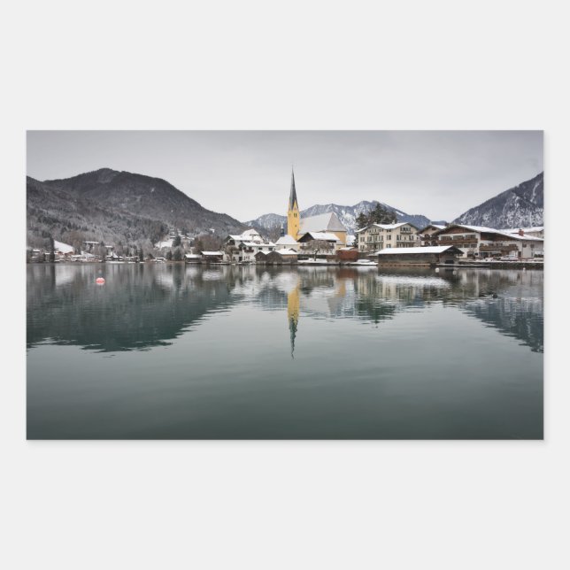 Pegatina Rectangular Rottach-Egern en Tegernsee, Baviera en invierno (Anverso)