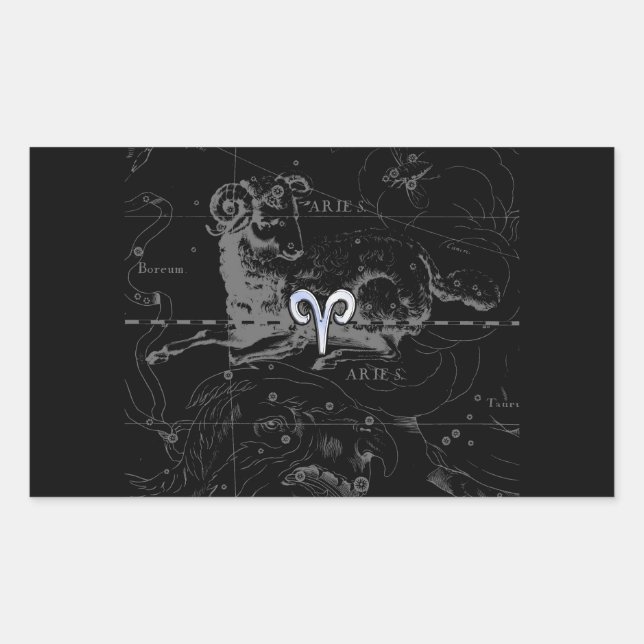 Pegatina Rectangular Rótulo Aries Zodiac de estilo cromado en Hevelius (Anverso)