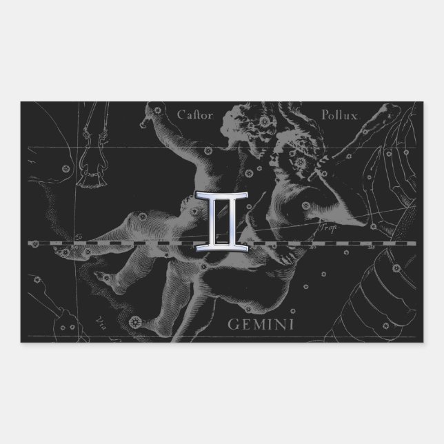 Pegatina Rectangular Rótulo Gemini Zodiaco en Hevelio (Anverso)