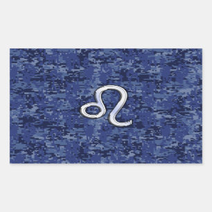 Pegatina Rectangular Rótulo Leo Zodiac en Camuflaje Digital Azul