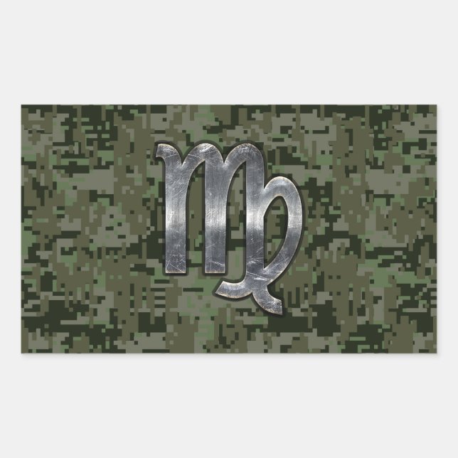Pegatina Rectangular Rótulo Virgo Zodiac al estilo Camo Digital Verde (Anverso)