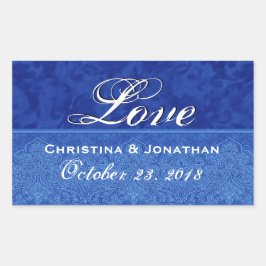 Pegatina Rectangular Royal Blue Boda Love Damask y Ribbon