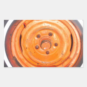 Pegatina Rectangular Rueda vintage de Junk Yard, naranja negro y blanco