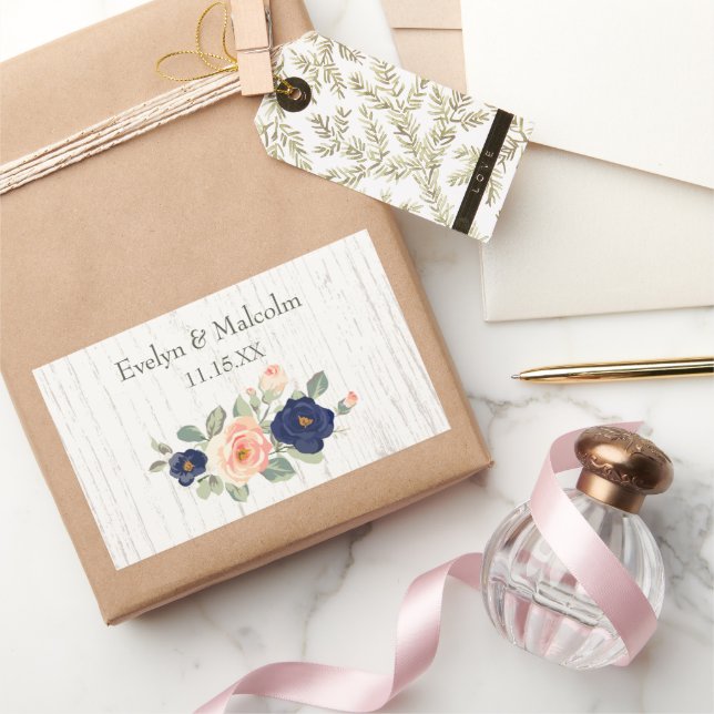Pegatina Rectangular Rustic Country Navy Blue and Peach Floral Wedding  (Regalar)