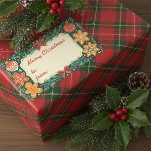 Pegatina Rectangular Rustic Gingerbread Holly Wreath Feliz Navidad