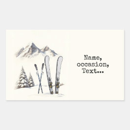 Pegatina Rectangular Rústico Watercolor Ski Snow Tree Mountain Winter
