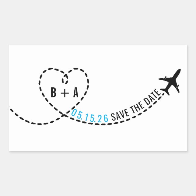 Pegatina Rectangular Ruta del avión Monograma Fecha Boda Personalizada (Anverso)