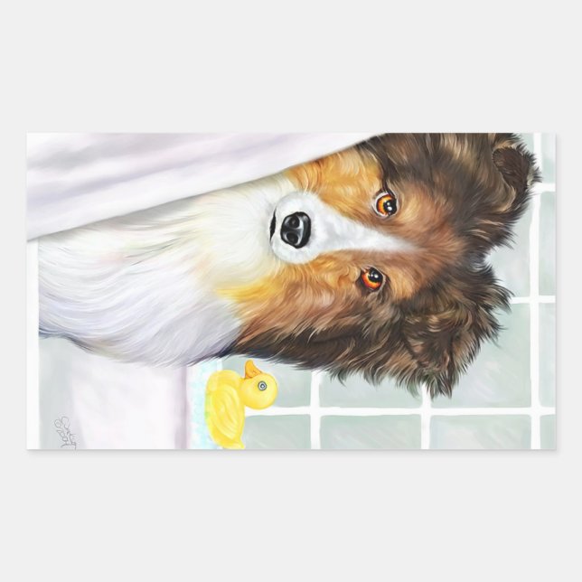 Pegatina Rectangular Sable Sheltie Bath (Anverso)