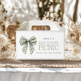 Pegatina Rectangular Sage Gingham Bow Nombre Baby Shower Gracias