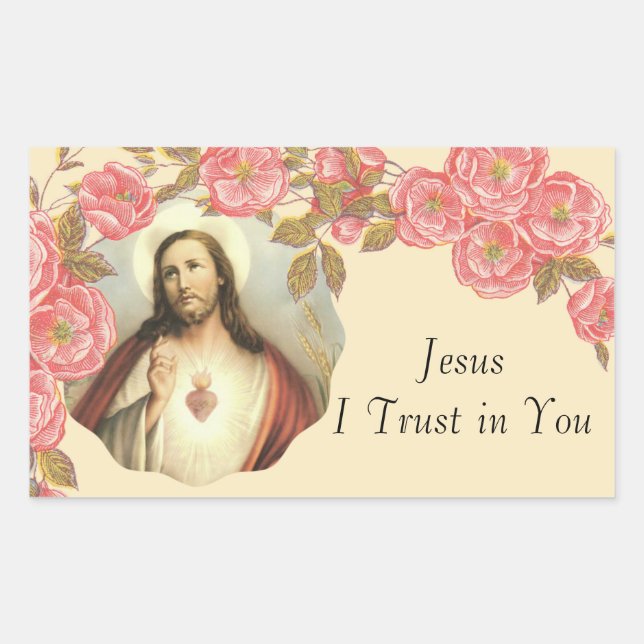 Pegatina Rectangular Sagrado Corazón de Jesús Borde Floral (Anverso)