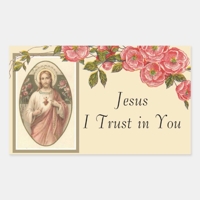 Pegatina Rectangular Sagrado Corazón de Jesús Borde Floral (Anverso)