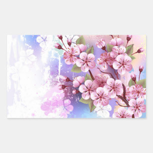 Pegatina Rectangular Sakura rosa sobre fondo de pintura