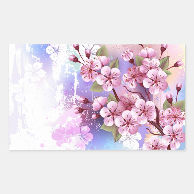 Pegatina Rectangular Sakura rosa sobre fondo de pintura (Anverso)