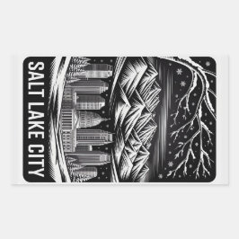 Pegatina Rectangular Salt Lake City Skyline Black and White Woodcut 