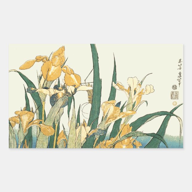 Pegatina Rectangular Saltamontes Hokusai y el iris Japón (Anverso)
