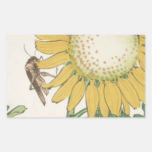 Pegatina Rectangular Saltamontes y girasol de Shibata Zeshin