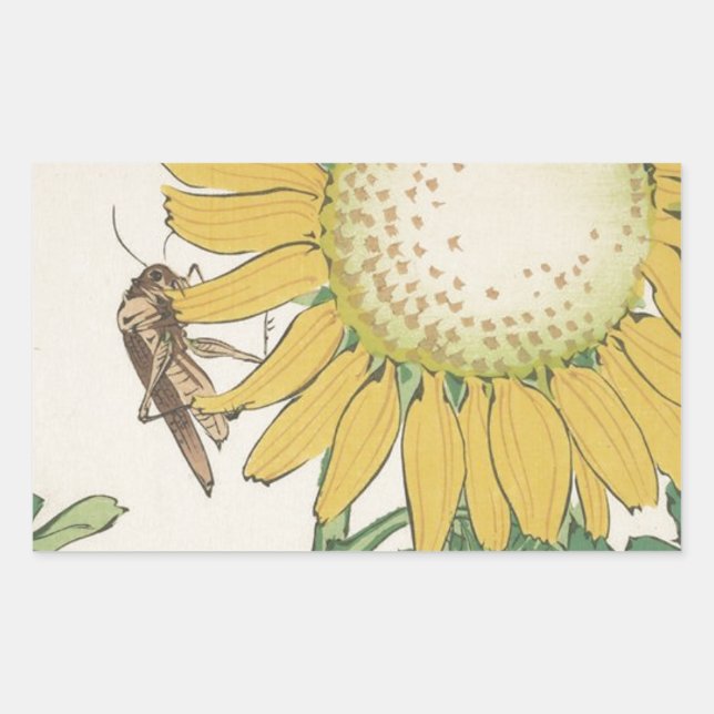 Pegatina Rectangular Saltamontes y girasol de Shibata Zeshin (Anverso)
