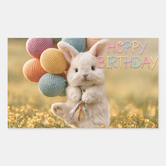 Pegatina Rectangular Saludo de cumpleaños de conejito lindo con globos (Anverso)