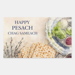Pegatina Rectangular Saludo de Pascua judía en acuarela – Feliz Pesaj