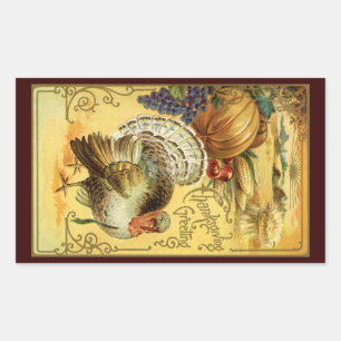 Pegatina Rectangular Saludos de Acción de Gracias Vintage con pavo
