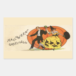 Pegatina Rectangular Saludos de Halloween Bailando Pareja Calabaza Vint