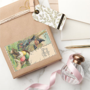 Pegatina Rectangular Saludos de Pascua Victorianos Vintage con Gnome