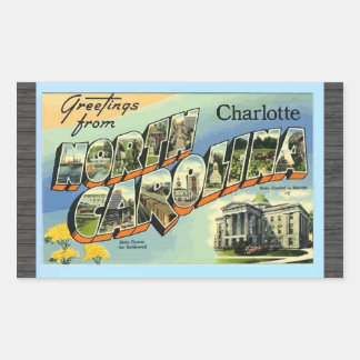 Pegatina Rectangular Saludos desde Carolina del Norte Charlotte, Vintag