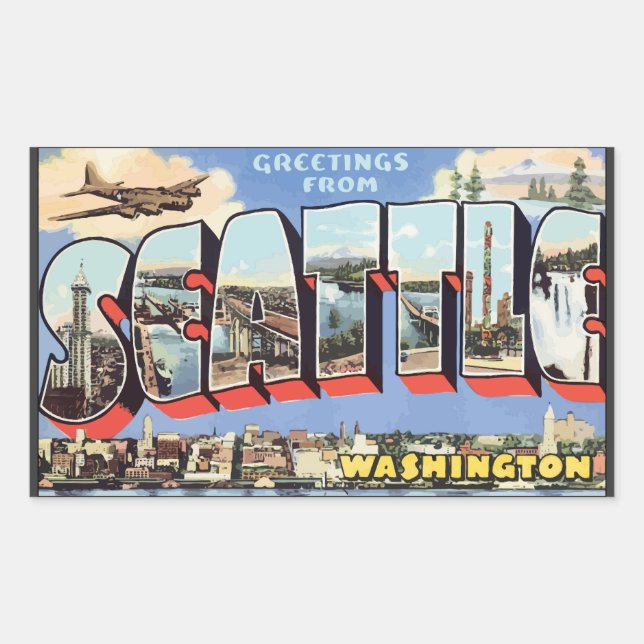 Pegatina Rectangular Saludos desde Seattle Washington, Vintage (Anverso)