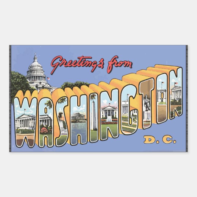 Pegatina Rectangular Saludos desde Washington D.C., Vintage (Anverso)