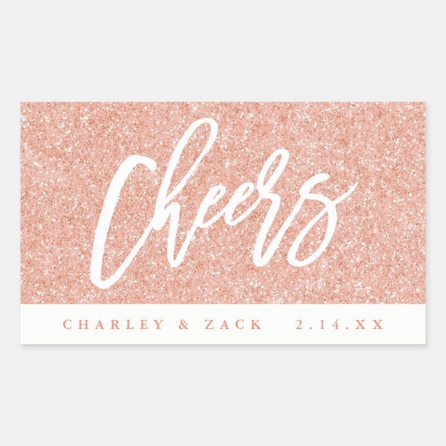 Pegatina Rectangular Saludos Purpurina Rosa Rubor Mini Vino Champagne (Anverso)