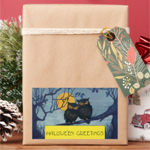 Pegatina Rectangular Saludos vintage de Halloween, búhos en árbol con l