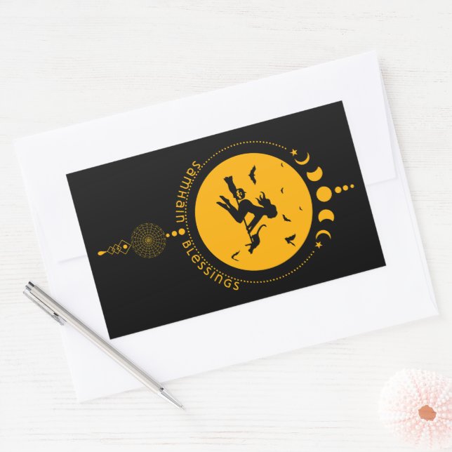 Pegatina Rectangular Samhain Blessings, bruja (Sobre)