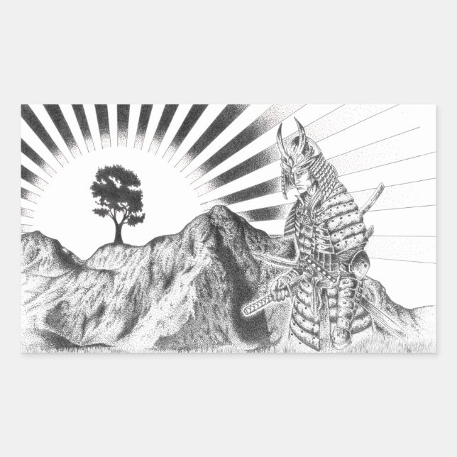 Pegatina Rectangular Samurai warrior and raising sun - M1 (Anverso)