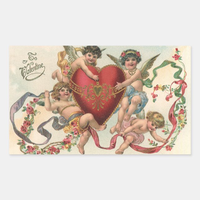 Pegatina Rectangular San Valentín de época, ángeles victorianos Corazón (Anverso)