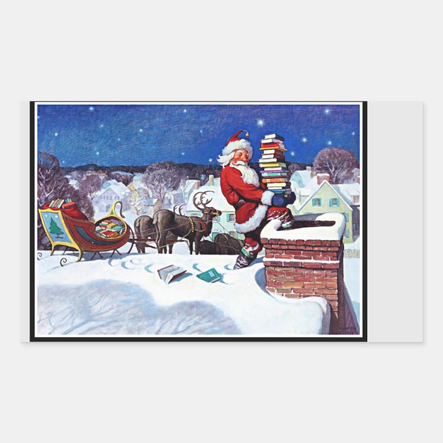 Pegatina Rectangular Santa bajando la chimenea con libros (Anverso)