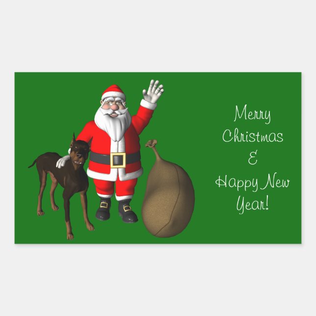 Pegatina Rectangular Santa Claus con Doberman Pinscher (Anverso)