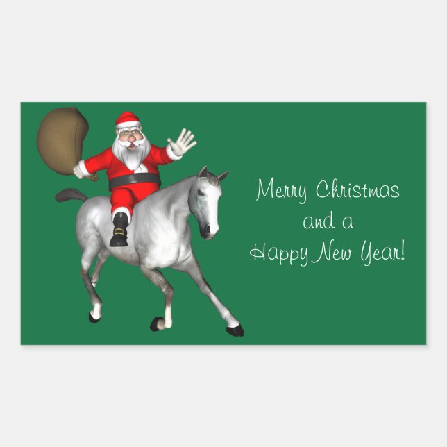 Pegatina Rectangular Santa Claus montando un caballo gris (Anverso)