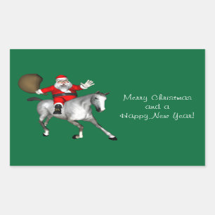 Pegatina Rectangular Santa Claus montando un caballo gris