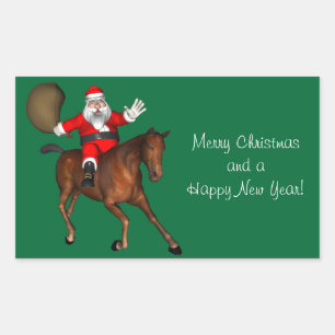 Pegatina Rectangular Santa Claus montando un caballo marrón