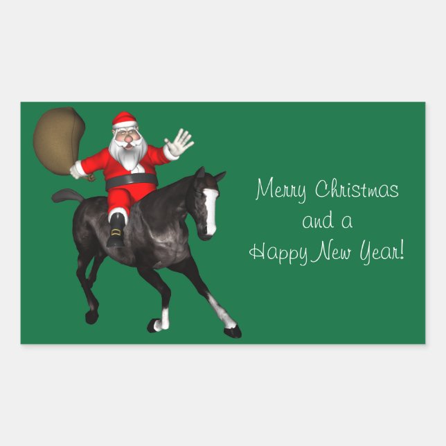 Pegatina Rectangular Santa Claus montando un caballo negro (Anverso)