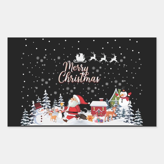Pegatina Rectangular Santa Claus, Snowman Feliz Navidad (Anverso)