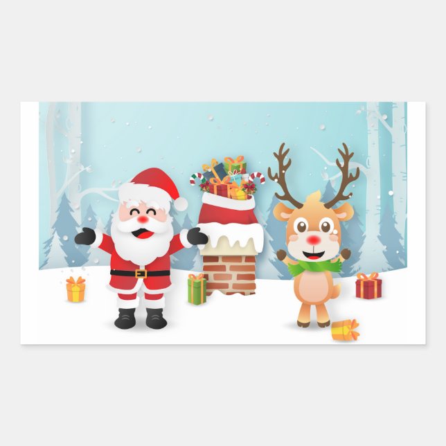 Pegatina Rectangular Santa Claus Y Los Renos (Anverso)