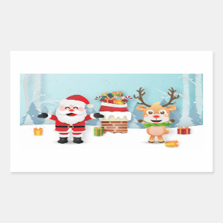 Pegatina Rectangular Santa Claus Y Los Renos
