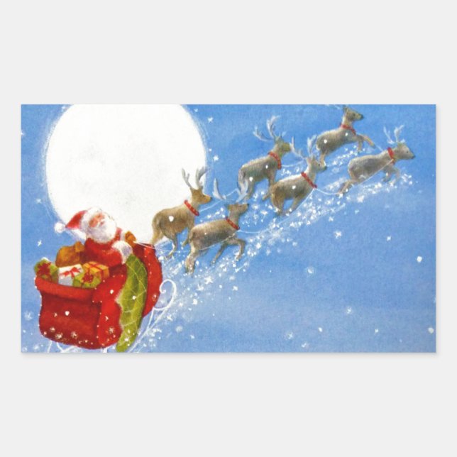 Pegatina Rectangular Santa con sus renos voladores (Anverso)
