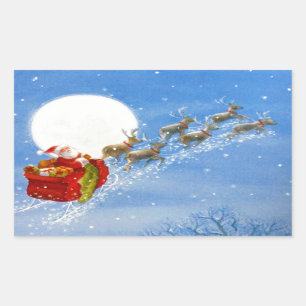 Pegatina Rectangular Santa con sus renos voladores