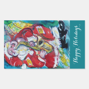 PEGATINA RECTANGULAR SANTA Y SAX, FIESTA NAVIDADES MUSICALES