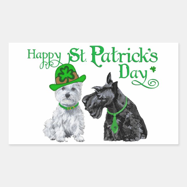 Pegatina Rectangular Scottie y Westie Día de St. Paddy (Anverso)