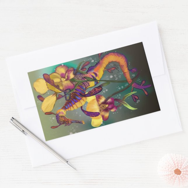 Pegatina Rectangular Seadragón sórdido con orquídeas (Sobre)