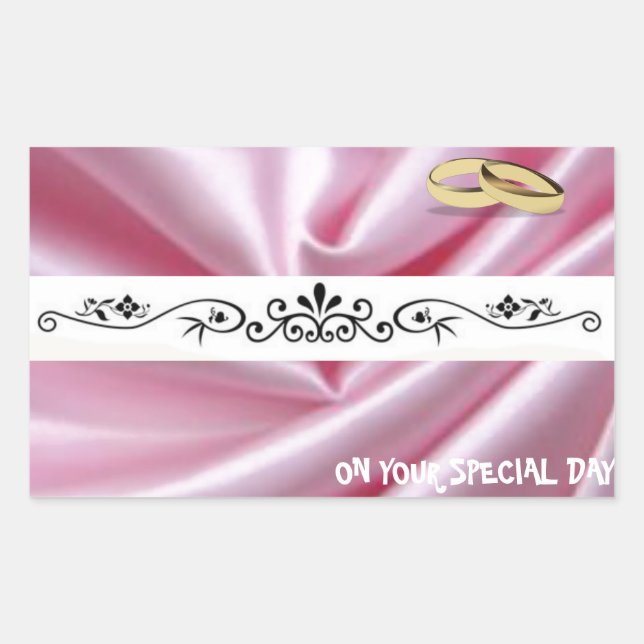 Pegatina Rectangular Seda Rosa Con Anillos Bodas (Anverso)