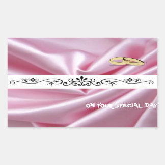 Pegatina Rectangular Seda Rosa Con Anillos Bodas